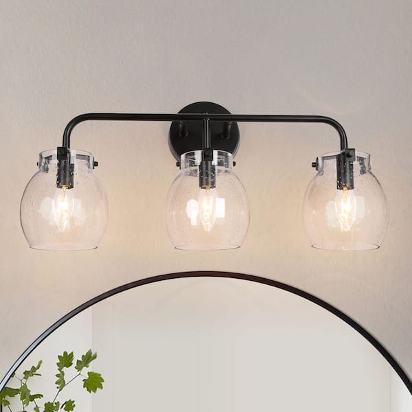 LNC Modern Black Vanity Light 3-Light Linear Classic Bathroom Wall Sconce Mirror Wall Light with Clear Seedy Glass Globes