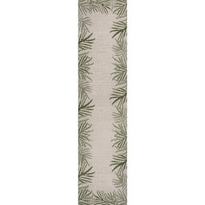 Isla Green/Cream 2 ft. x 8 ft. Coastal Cottage Palm Frond Border Indoor/Outdoor Runner Rug