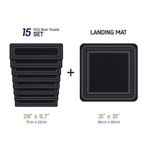 8.5 X 26 and 31 X 31 Black Carmel Bordered Non-Slip Indoor Stair Tread Cover and Landing Mat (Set of 16)