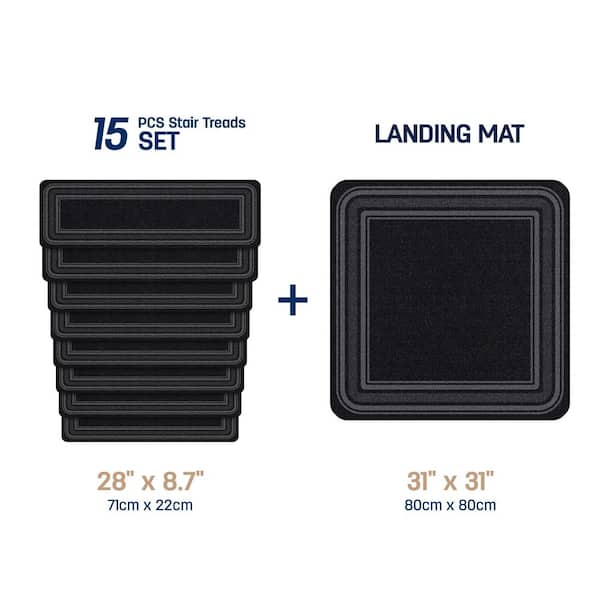 Beverly Rug 8.5 X 26 and 31 X 31 Black Carmel Bordered Non-Slip Indoor Stair Tread Cover and Landing Mat (Set of 16)