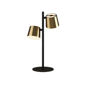 Altmira 7.09 in. W x 20 in. H 2-Light Structured Black Table Lamp with Brass/White Metal Shades and In-Line Switch