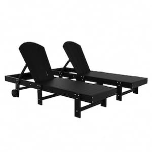 Laguna 2-Piece Fade Resistant HDPE Plastic Adjustable Outdoor Adirondack Chaise Loungers with Wheels in Black