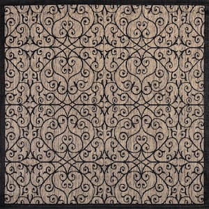 Madrid Black/Khaki 5 ft. Vintage Filigree Textured Weave Square Indoor/Outdoor Area Rug