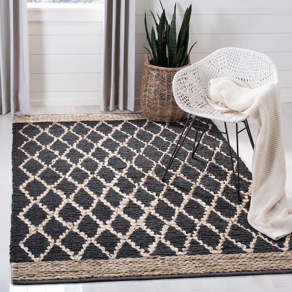 Natural Fiber 9 ft. x 12 ft. Charcoal Border Multi-Diamond Area Rug
