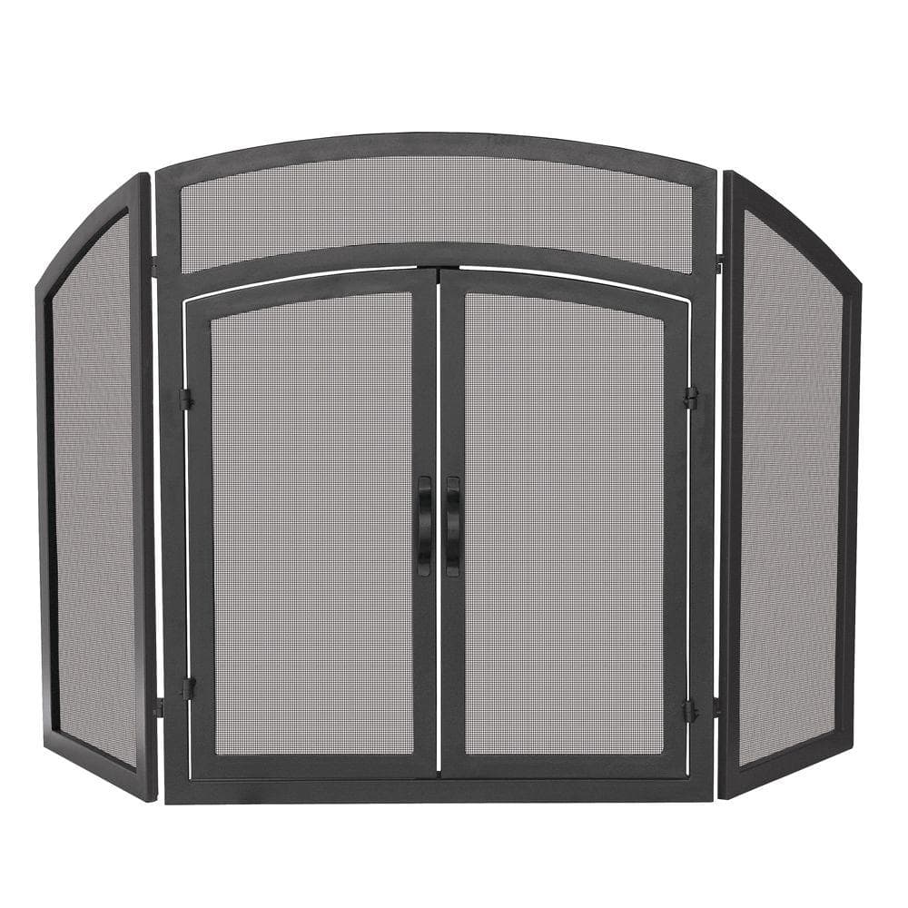 UniFlame Black Wrought Iron 52 in. W 3-Panel Fireplace Screen with Doors and Arch Top Design -  S-1178