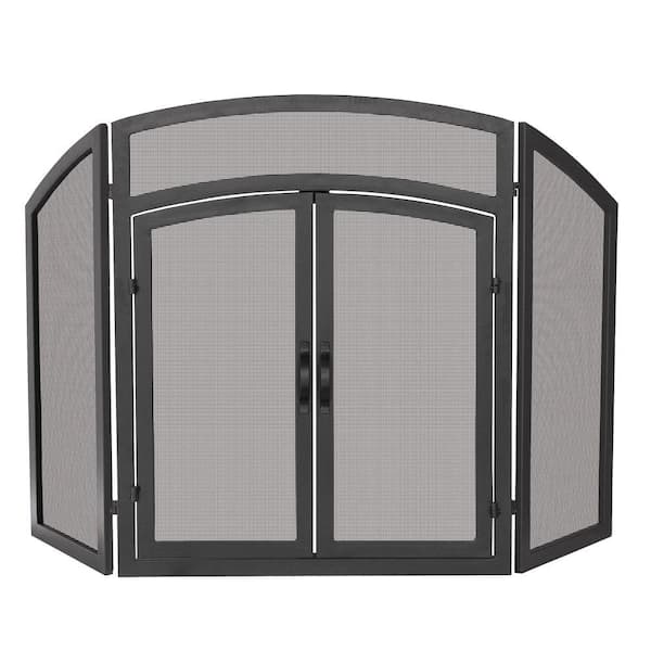UniFlame Black Wrought Iron 52 in. W 3-Panel Fireplace Screen with Doors and Arch Top Design