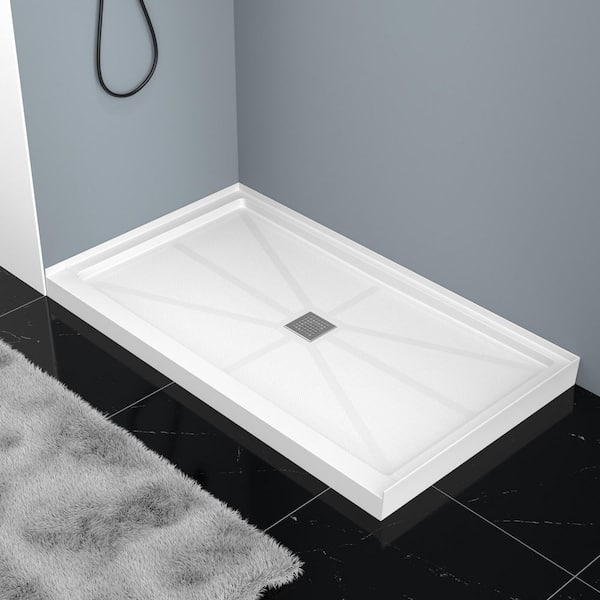Durbase 60 in. L x 34 in. W SMC Single Threshold Alcove Shower Pan Base in White w/ Center Drain, Stainless Steel Cover