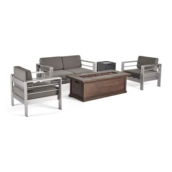 Noble House Cape Coral Khaki 5-Piece Aluminum Patio Fire Pit Conversation Set with Khaki Cushions