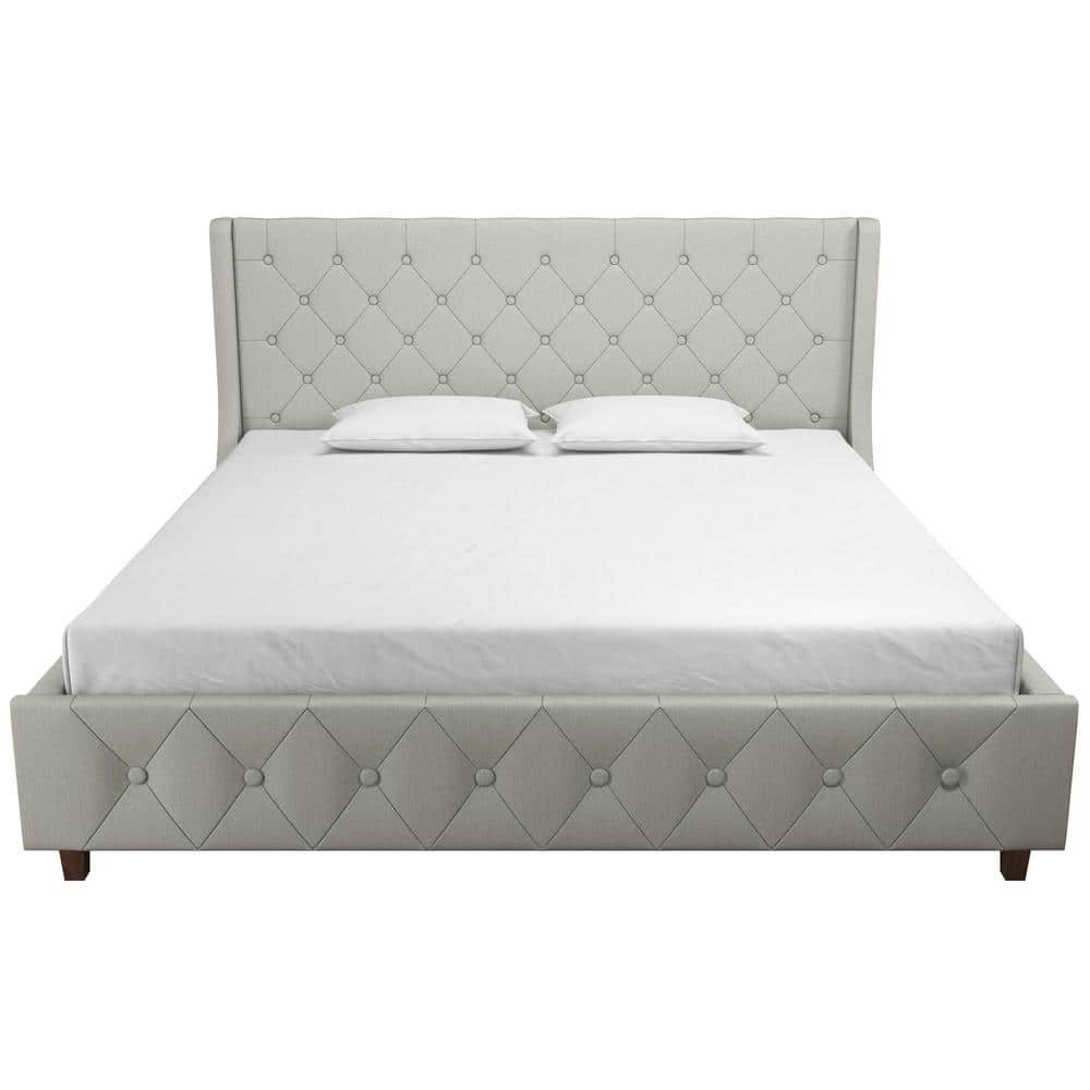 Light Gray Linen Tufted King Upholstered Bed with Metal Frame