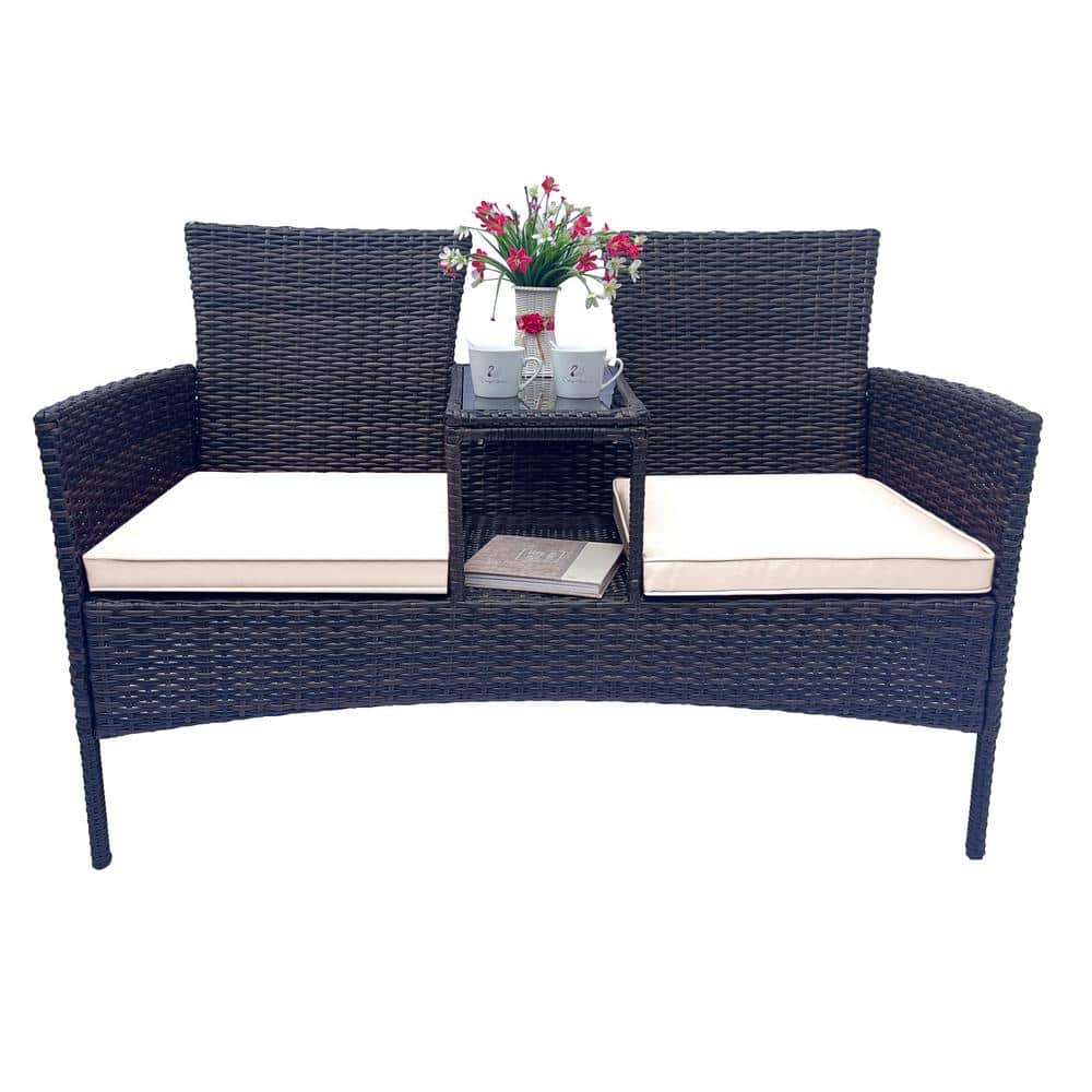 Wicker Patio Conversation Set, Modern Rattan Bench with Beige Removable Cus