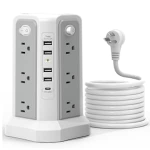 12-Outlet Power Tower Surge Protector with 5 USB Ports Extension Cord in Gray-13A-4A1C