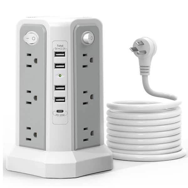 Etokfoks 12-Outlet Power Tower Surge Protector with 5 USB Ports Extension Cord in Gray-13A-4A1C