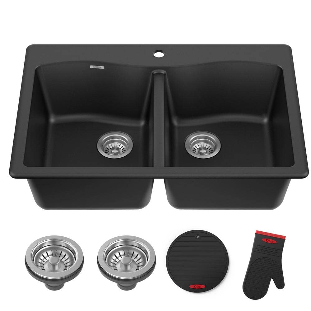 33-Inch Black Granite Double Bowl Drop-In Kitchen Sink