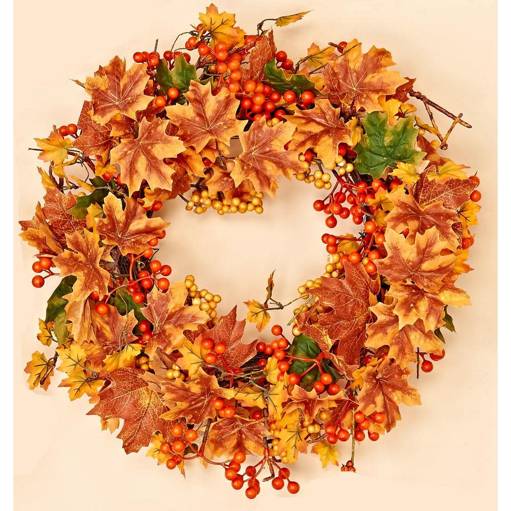 20 in. Artificial Maple Leaf and Mixed Berry Fall Wreath