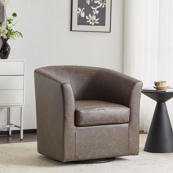 Nylah Dark Brown Faux Leather Upholstered Swivel Arm Chair, Barrel Accent Chair, Metal Base