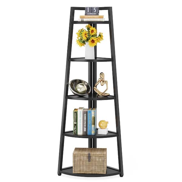 BYBLIGHT Eulas 70 in. Tall Black MDF 5-Shelf Corner Ladder Shelf Bookcase with Metal Frame for Living Room, Kitchen, Home Office