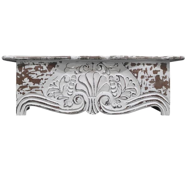 THE URBAN PORT 28 in. L x 6 in. W x 9 in. H Antique White Wooden Floating Wall Shelf with Engraved Floral Details
