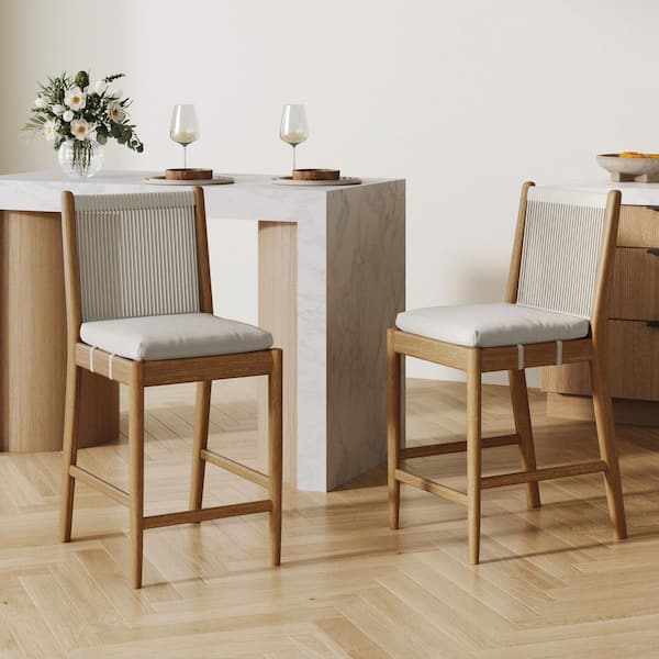 Kayden Brushed Light Brown Solid Wood with Woven Rope Backrest and Upholstered Bar Stool (Set of 2)