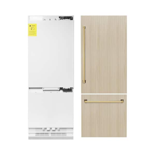 ZLINE Kitchen and Bath Autograph Edition 30 in. 2-Door Panel Ready Bottom Freezer Refrigerator w/ Ice, Water Dispenser, Polished Gold Handle