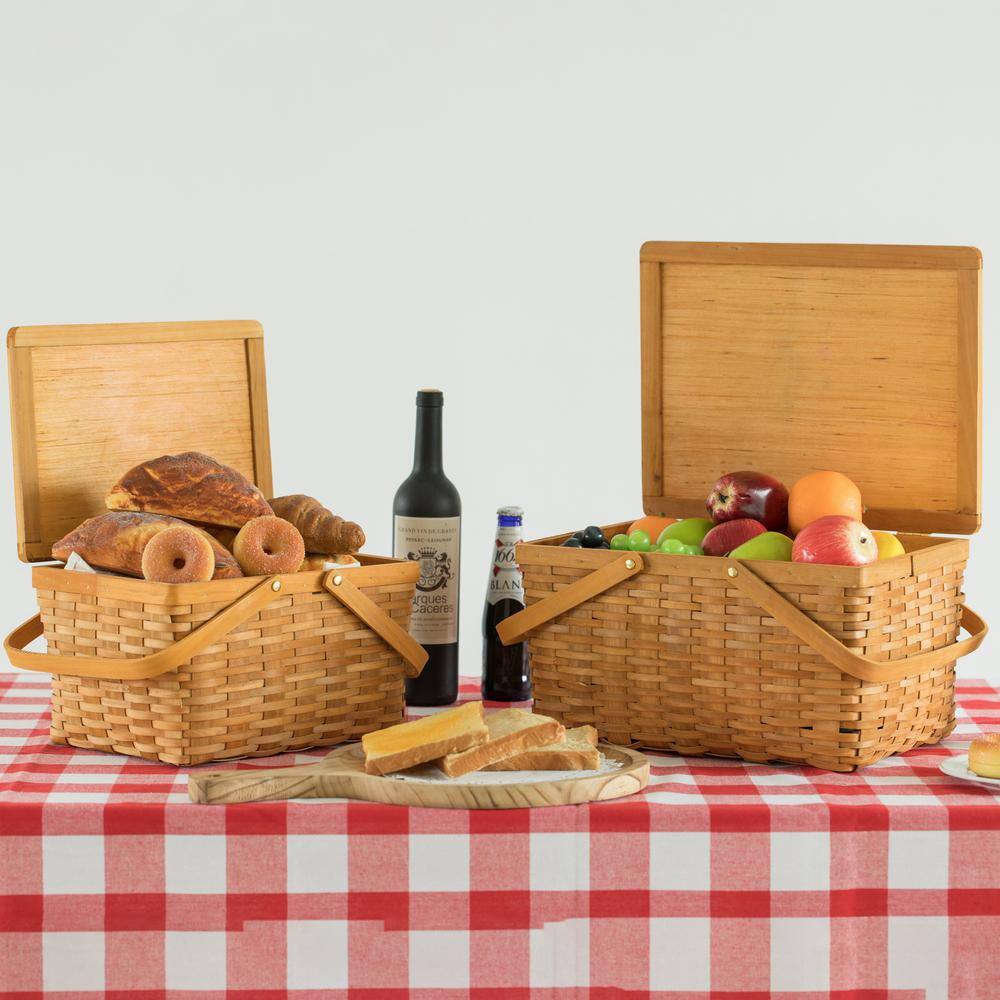 Natural Woodchip Woven Picnic Basket Set with Movable Handles