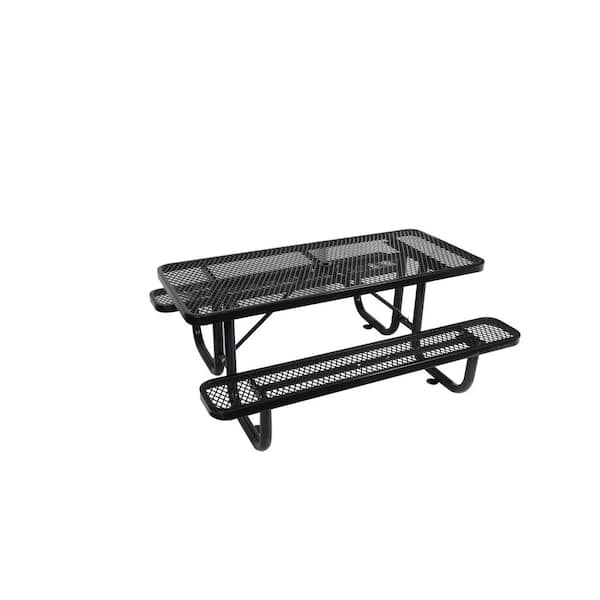 72 in. Black Rectangular Outdoor Steel Picnic Table with Umbrella Hole
