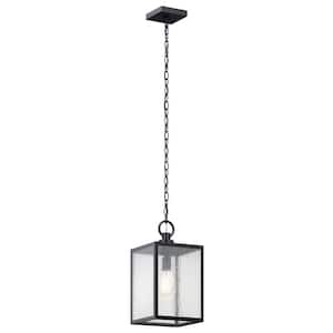 Lahden 17.25 in. 1-Light Textured Black Outdoor Convertible Hanging Pendant Light with Clear Seeded Glass (1-Pack)