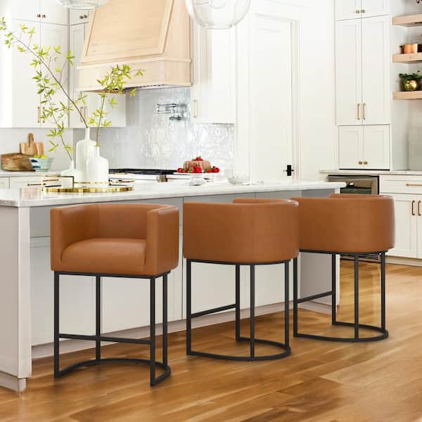 LUE BONA Jessica 26 in.Brown Modern Counter Bar Stool Faux Leather Upholstered Barrel Counter Stool with Metal Frame Set of 3