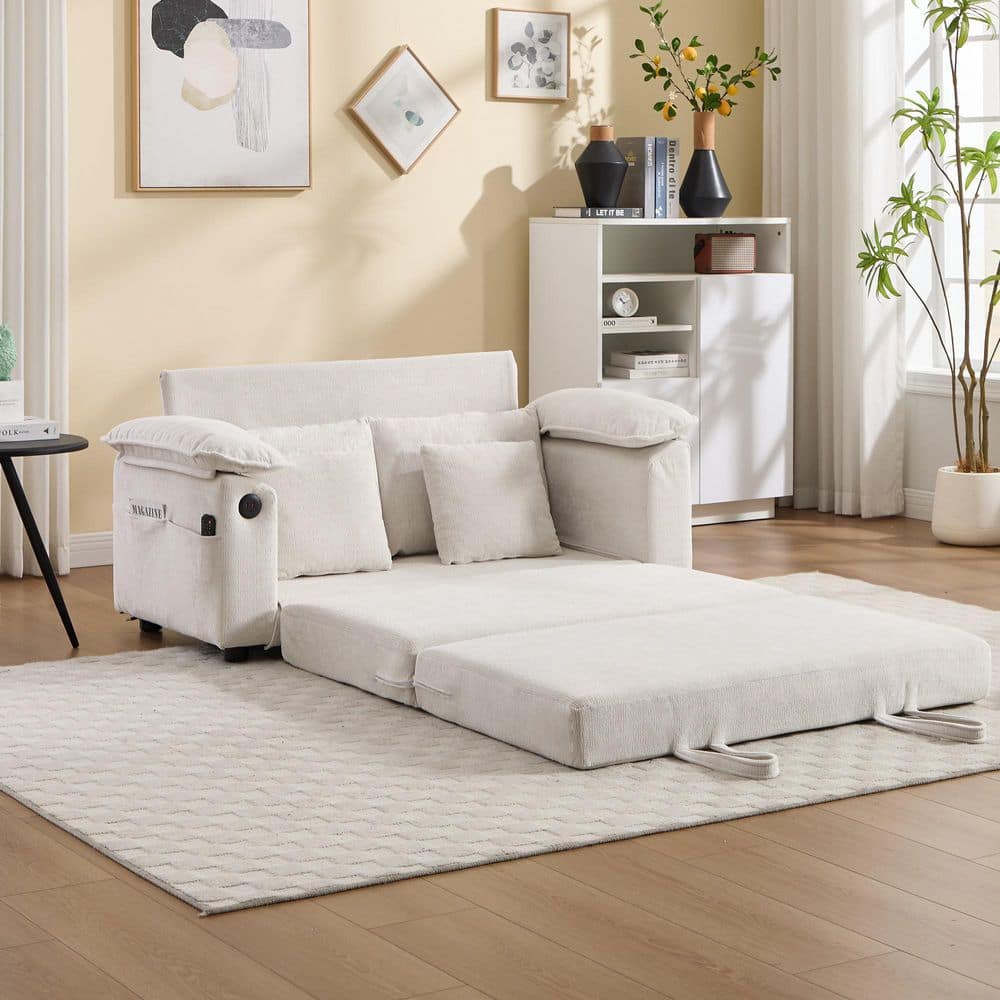 58 inch 3-in-1 Upholstered 53 in. Cream White Chenille Full Size Sofa Bed