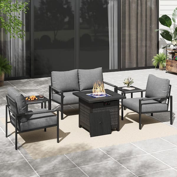 6-Piece Metal Outdoor Patio Conversation Set with 28 in. Fire Pit Table, Dark Grey Cushions and Coffee Tables