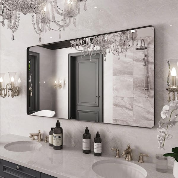 55 in. W x 30 in. H Rounded Rectangle Framed Wall Bathroom Vanity Mirror in Matte Black