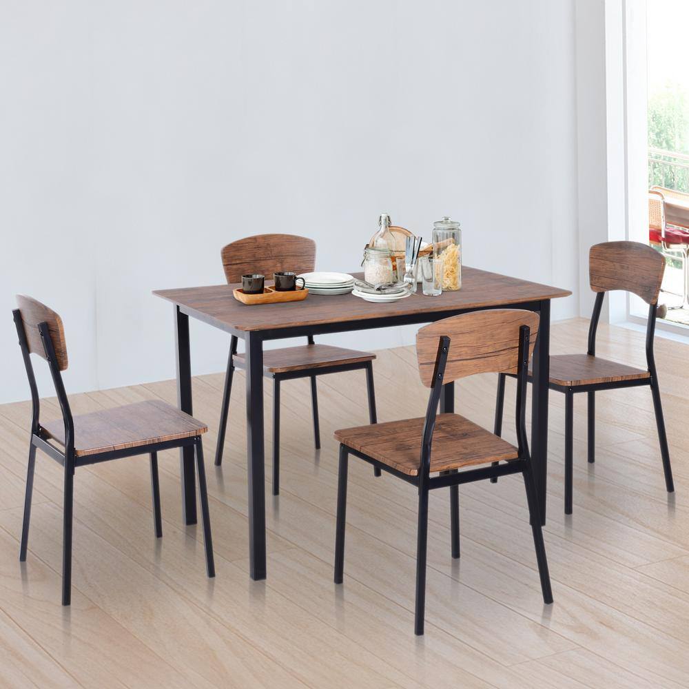 Industrial 5-Piece Dining Set with Dark Walnut MDF and Steel