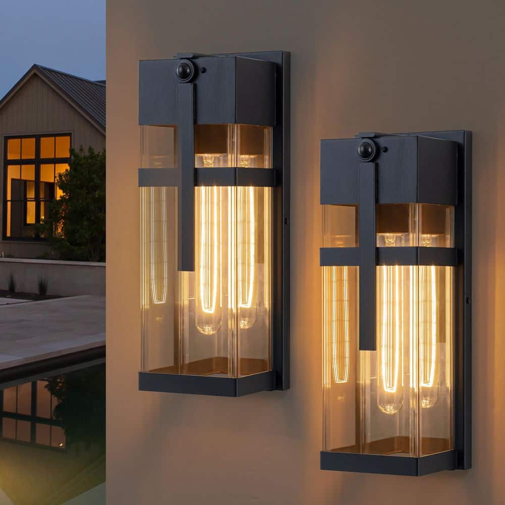 14.5 in. Black Motion Sensing Dusk to Dawn Outdoor Wall Lantern Sconce with Mirror Reflector, No Bulbs Included (2-Pack) price history on PriceWatchPro