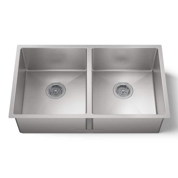 KOHLER Strive Undermount Stainless Steel 32 in. Double Bowl Kitchen Sink Kit