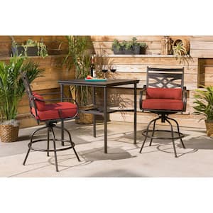 Montclair 3-Piece Metal Outdoor Bar Height Dining Set with Chili Red Cushions, Swivel Rockers and Table
