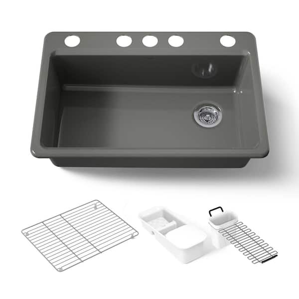 KOHLER Riverby Undermount Cast-Iron 33 in. 5-Hole Single Bowl Kitchen Sink Kit with Accessories in Thunder Grey