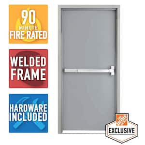 36 in. x 80 in. Fire-Rated Gray Left-Hand Flush Steel Prehung Commercial Door and Frame with Panic Bar and Hardware