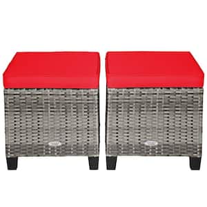 2-Piece Wicker Outdoor Ottoman Seat with Removable Red Cushions