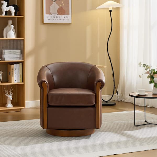 29.5 in. W Brown Genuine Leather Upholstered Swivel Barrel Chair (Set of 1)