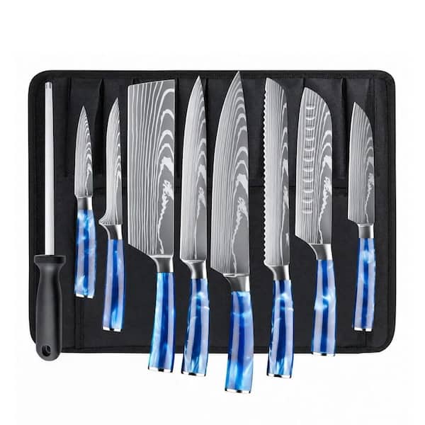 9-Piece High Carbon Stainless Steel Kitchen Chef Knife Set with Blue Pakkawood Handle and Roll Bag
