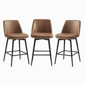 Cecily 27 in. Saddle Brown High Back Metal Swivel Counter Stool with Faux Leather Seat (Set of 3)