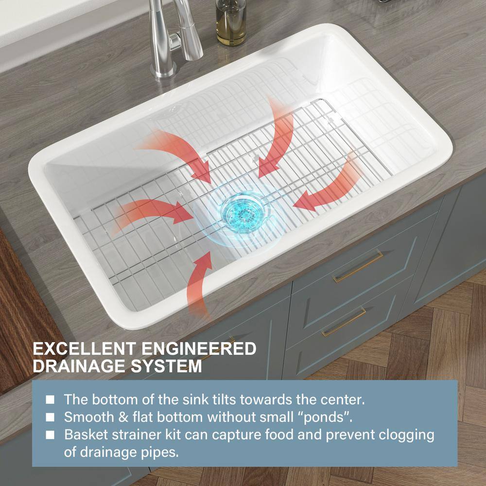 32'' White Fireclay Single Bowl Undermount Kitchen Sink