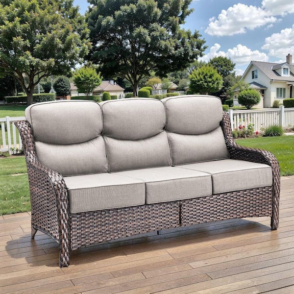 NovaSwivel Brown Wicker Patio Couch, Outdoor Sofa with High Back, and 6 in. Thick Beige Cushions for Backyard, Porch