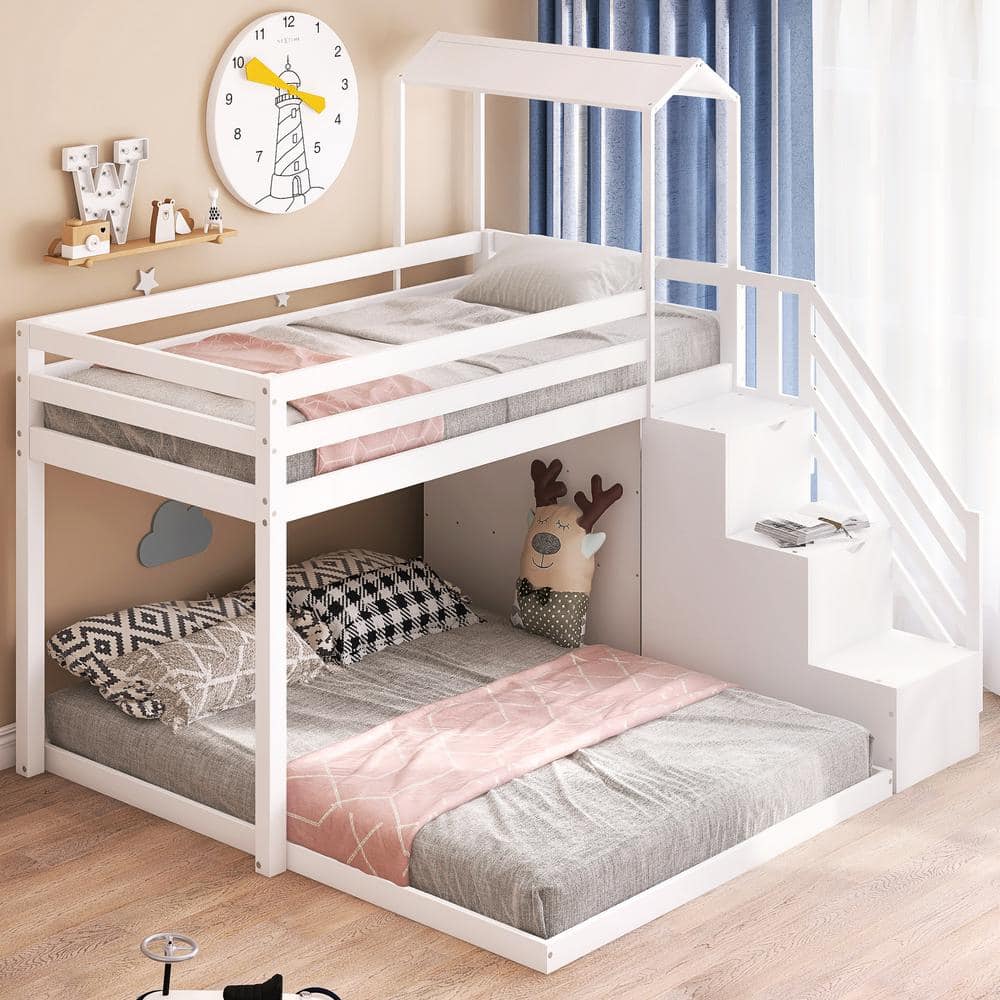 GODEER White Twin Over Full House Roof Bunk Bed with Staircase and ...