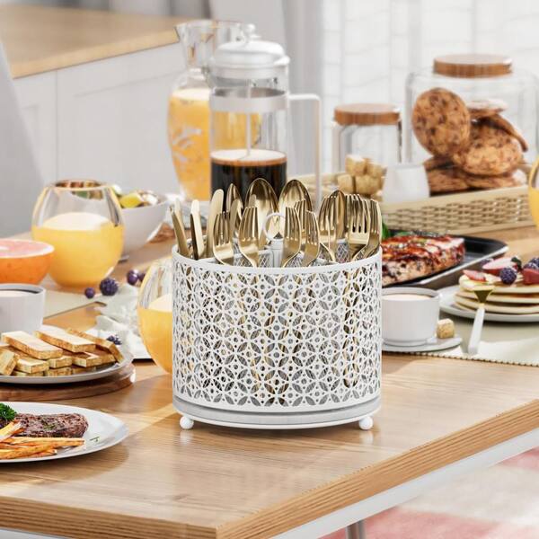 360° Rotating Utensil Holder Caddy with 4-Compartment and Handle for Kitchen Countertop, Party, Office, Picnic, White
