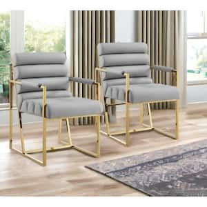 Tufted Gray And Gold Upholstered Faux Leather Arm Chair (Set Of 2)