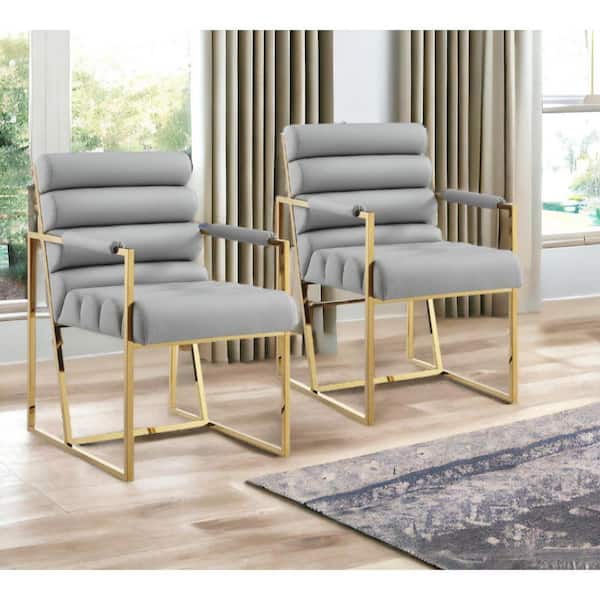 HomeRoots Tufted Gray And Gold Upholstered Faux Leather Arm Chair (Set of 2)