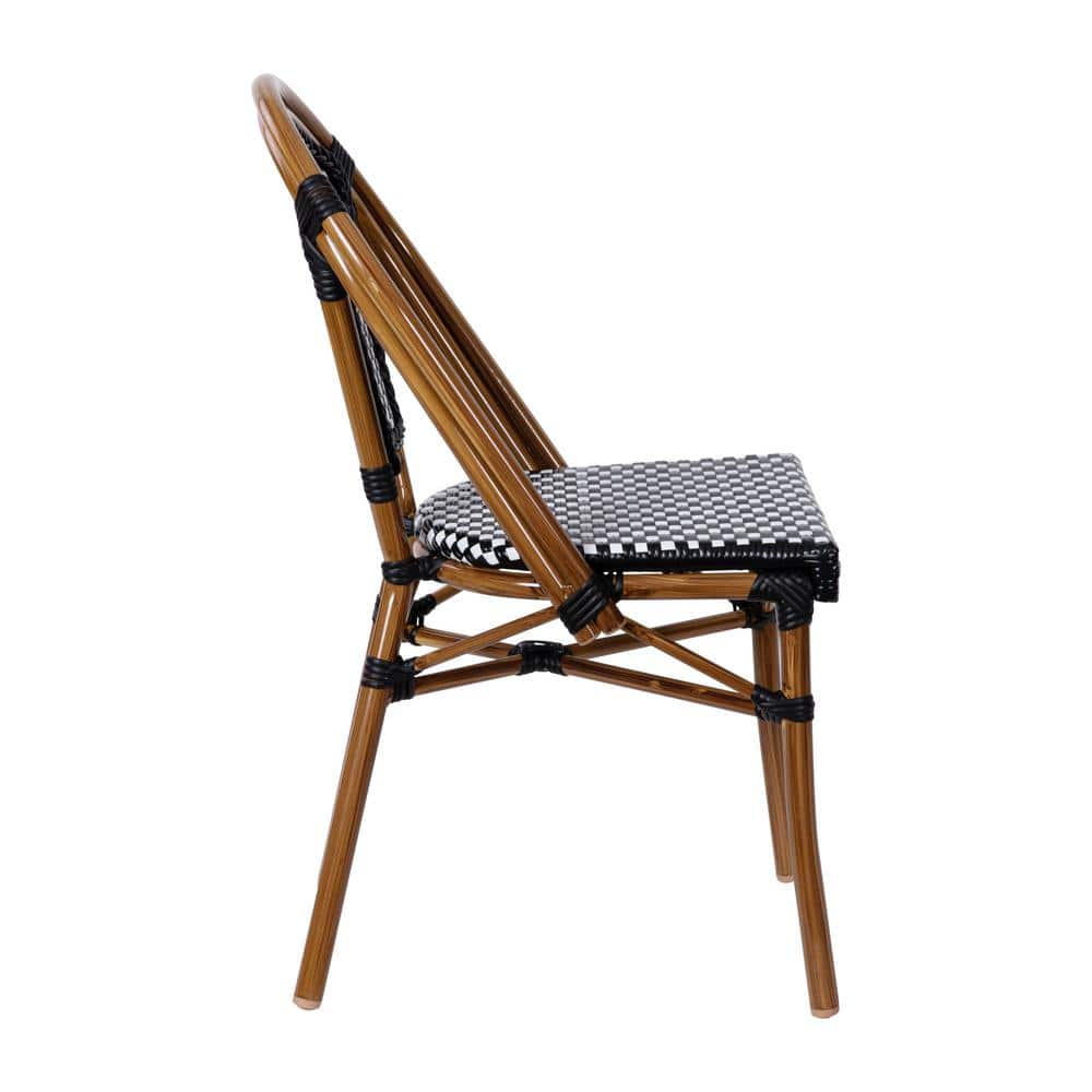 Black and White PE Rattan Armless Bistro Chairs with Bamboo Print Frame, Set of 2