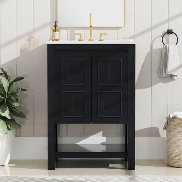 Staykiwi 24 in. W x 18 in. D x 34 in. H Single Sink Freestanding Bath Vanity in Espresso with White Ceramic Top