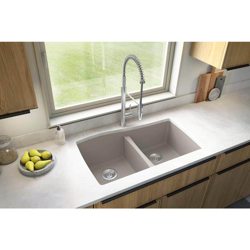 Concrete Gray Double Bowl Farmhouse Quartz Kitchen Sink Kit