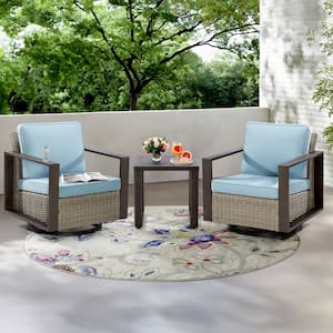 3-Piece Wicker Swivel Outdoor Rocking Chairs Patio Conversation Set with Metal Frame and Baby Blue Cushions